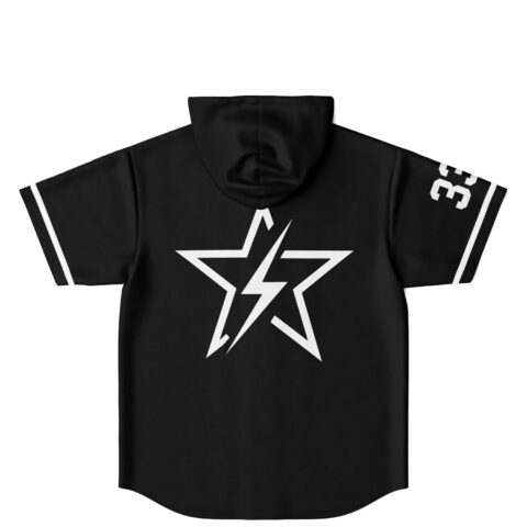 Back view of black hooded baseball jersey with large star design