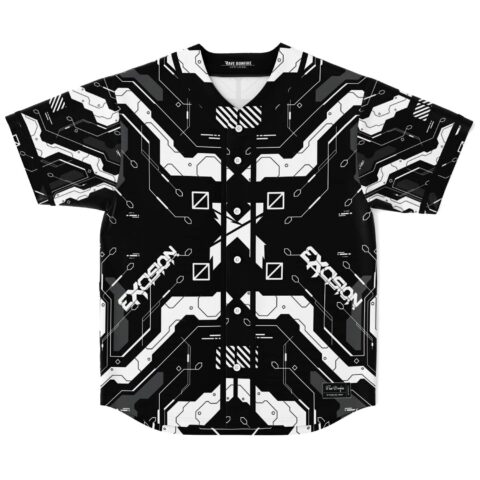 Black-and-white cyber circuit pattern on a button-front jersey, flat front view on white background