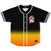 Anime-inspired eye portrait with white script lettering on a black-to-orange gradient jersey, front view