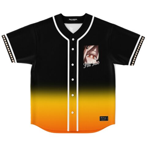 Anime-inspired eye portrait with white script lettering on a black-to-orange gradient jersey, front view