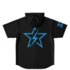 Black jersey back with oversized electric-blue five-point star lightning bolt and blue 3 sleeve detail