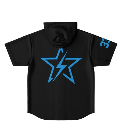 Black jersey back with oversized electric-blue five-point star lightning bolt and blue 3 sleeve detail