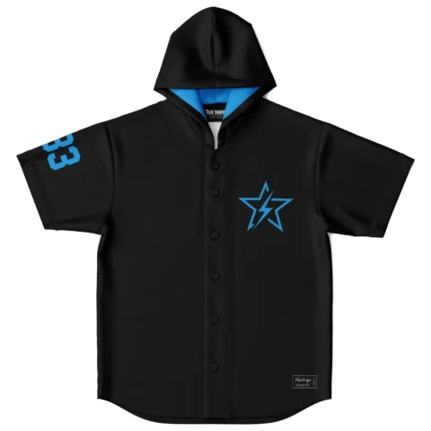Black hooded jersey featuring electric-blue five-point star lightning bolt and blue 3, front view