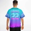 Illenium fan teal-purple gradient phoenix rave baseball jersey with custom name and number above a palm-lined city silhouette, back view