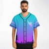 Illenium fan teal-purple gradient phoenix rave baseball jersey showing colorful phoenix emblem and sunset skyline design, front view