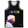 Black basketball jersey front with colorful portrait graphic and multicolor stylized wordmark, studio product view
