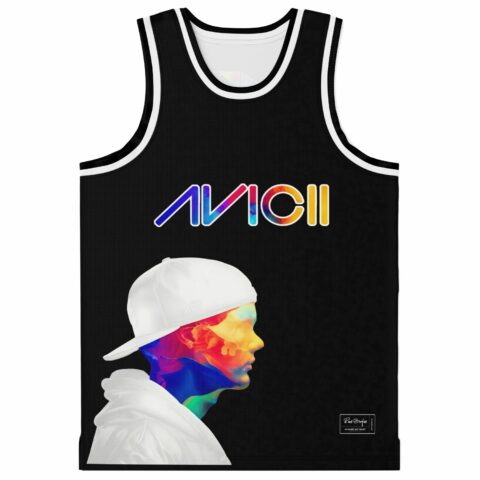 Black basketball jersey front with colorful portrait graphic and multicolor stylized wordmark, studio product view