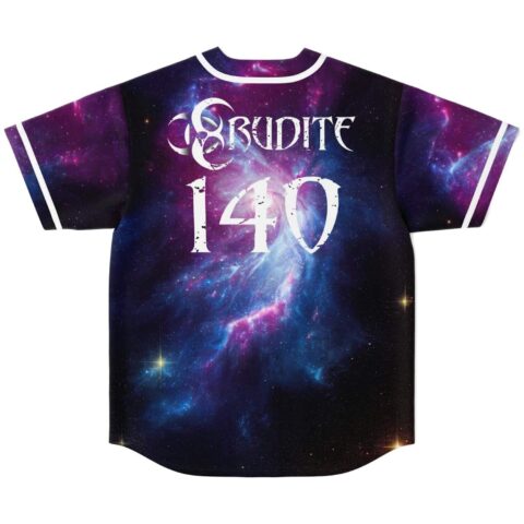 Deep purple starfield jersey back featuring white ERUDITE lettering and large 140 number