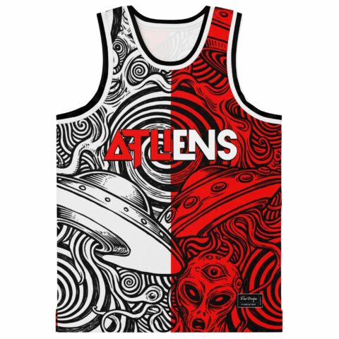 Front view of red, white, and black psychedelic line pattern with readable ATLiENS text