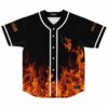 Flame phoenix baseball jersey with white piping and ember graphics, front view on white