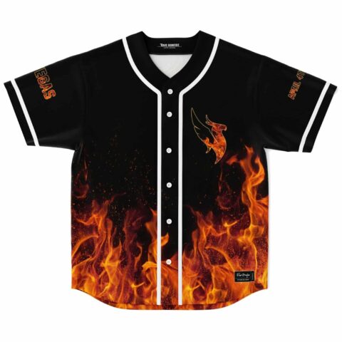 Flame phoenix baseball jersey with white piping and ember graphics, front view on white