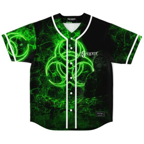 Front view of black glowing biohazard pattern with white piping, buttons, and ERUDITE text