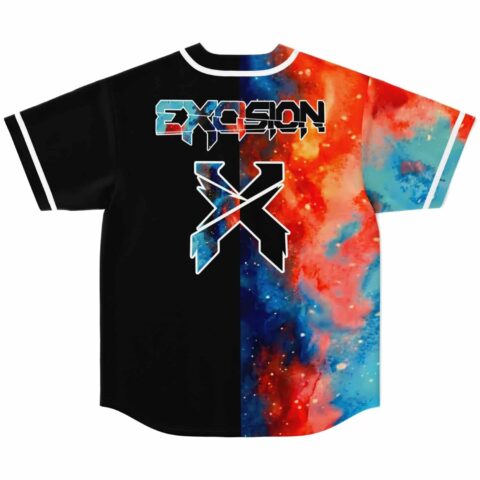 Back view featuring black-and-galaxy split panels, colorful nebula print, oversized graphic, and white-trimmed sleeves