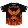 Flaming phoenix design with outstretched wings and fire lettering, back view on white