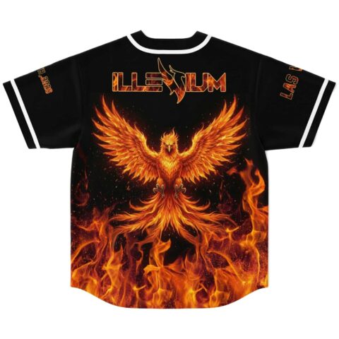 Flaming phoenix design with outstretched wings and fire lettering, back view on white