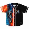 Front view of black split-panel jersey with vivid blue-red galaxy nebula sleeves and white piping