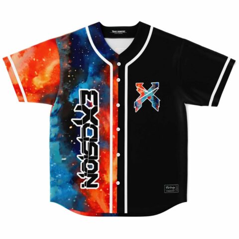 Front view of black split-panel jersey with vivid blue-red galaxy nebula sleeves and white piping