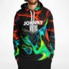 Liquid swirl hoodie modeled front view with JOHNNY WONTONS text and vivid neon marbling