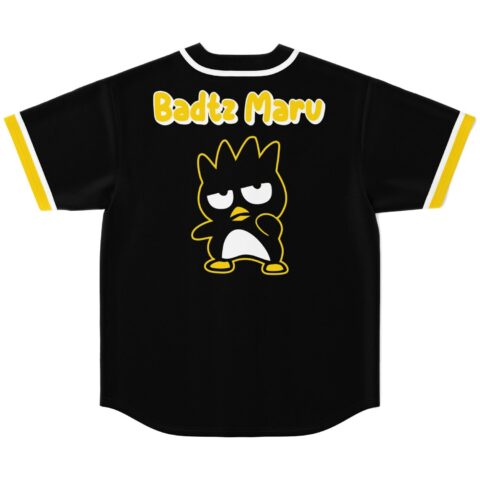 Black spiky cartoon bird jersey back displays “Badtz Maru” above an oversized yellow-outlined graphic