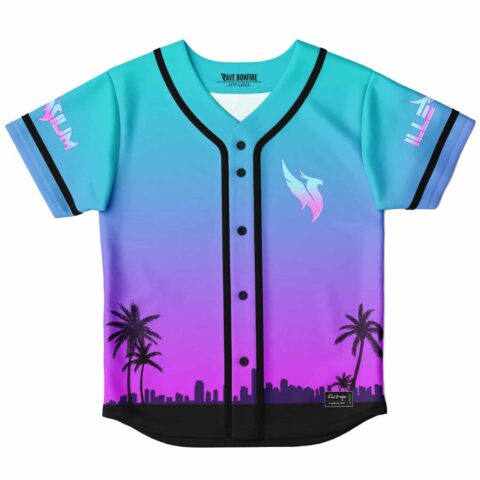 Neon teal-purple sunset cityscape jersey front with phoenix emblem and RAVE BONFIRE APPAREL label