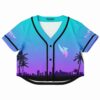Front view of the rave cropped baseball jersey with vibrant colors and a palm tree silhouette