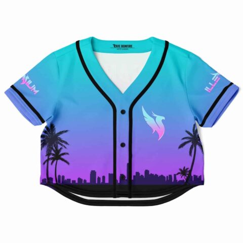 Front view of cropped jersey with vibrant colors and palm tree silhouette