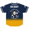 Walking cartoon-style character on navy-to-gold gradient, back reads “AB BABY / THAT AIN’T DABABY /