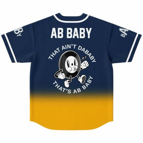 Walking cartoon-style character on navy-to-gold gradient, back reads “AB BABY / THAT AIN’T DABABY /