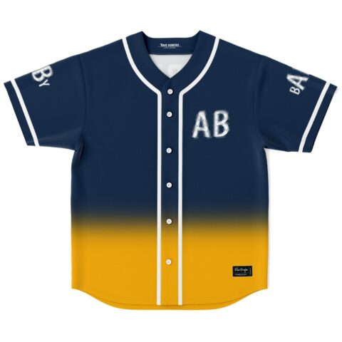 Cartoon-style navy-to-gold gradient jersey with wavy “AB” chest lettering, front flat lay