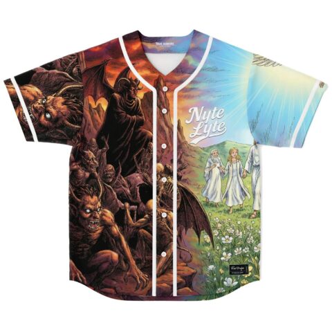 Heaven-and-hell illustrated collage splits angels and demons across a buttoned front with Nyte Lyte