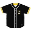 Black spiky cartoon bird jersey with yellow-white trim and chest graphic, front view