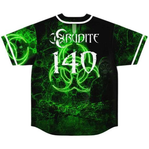 Back view shows glowing biohazard symbols, ERUDITE, 140, and INTRUDERS DO NOT ENTER text