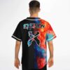 Back view of jersey with black split panel, fiery galaxy print, oversized festival graphic