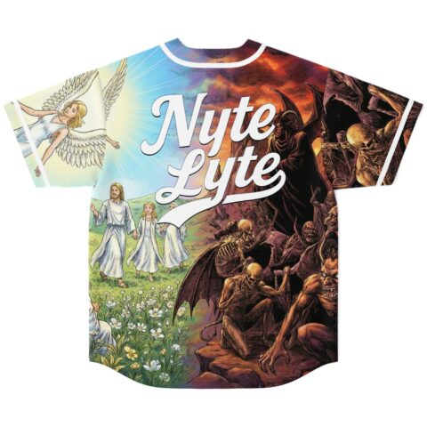 Nyte Lyte heaven-and-hell illustrated collage with angels, demons, and white piping, back view