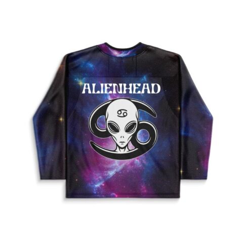 Purple nebula jersey back view with readable ALIENHEAD text and a stylized alien emblem