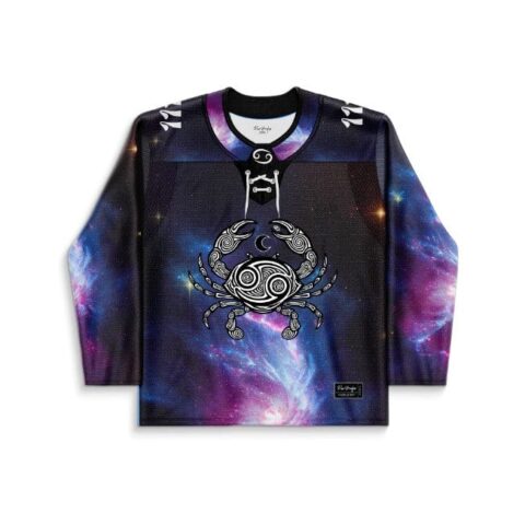Cosmic galaxy jersey front view with ornate alien crab emblem amid vivid purple nebula swirls