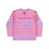 Pink cartoon mascot hockey jersey back with lavender number 25 and nameplate, patch at collar