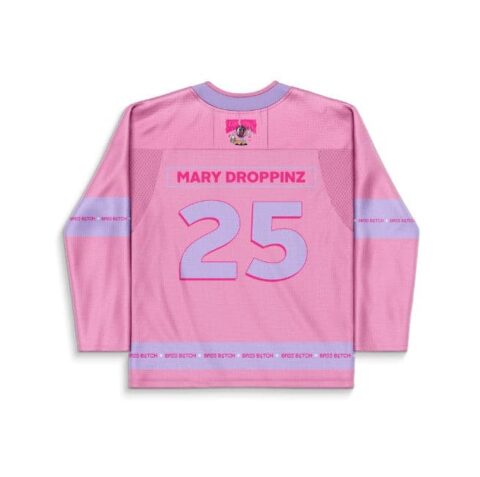 Pink cartoon mascot hockey jersey back with lavender number 25 and nameplate, patch at collar
