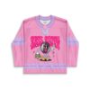 Pink cartoon-style mascot graphic with lavender trim and music motifs, festival hockey jersey front view