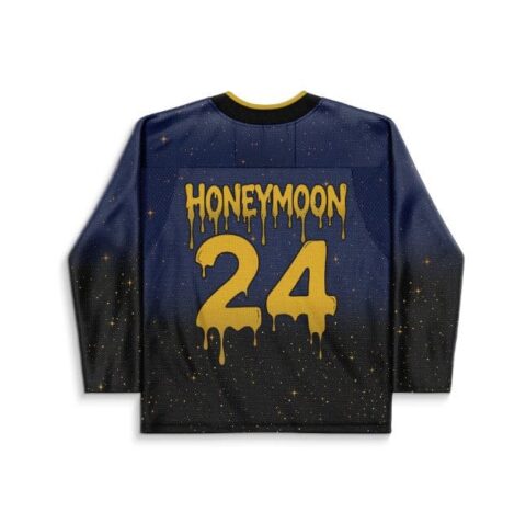 Starfield galaxy back jersey with dripping gold “HONEYMOON” and number 24, shown flat