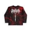 Red-black horned creature pattern with white gothic lettering and central blade, back studio view