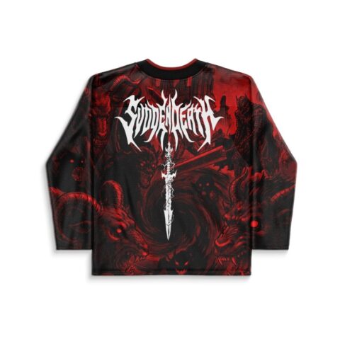 Red-black horned creature pattern with white gothic lettering and central blade, back studio view