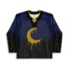 Dripping gold crescent moon on a starfield galaxy jersey, front view shown flat