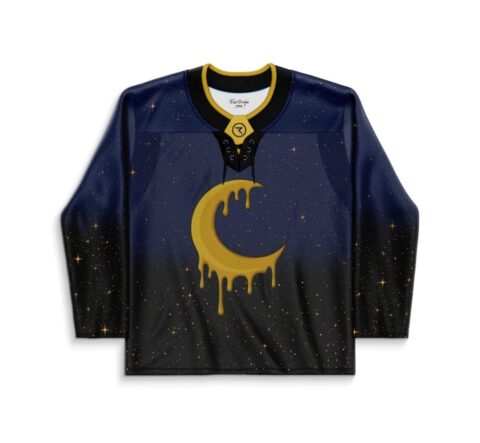 Dripping gold crescent moon on a starfield galaxy jersey, front view shown flat