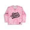 Pink liquid marble rave jersey with bold black lettering and lace-up collar, front view