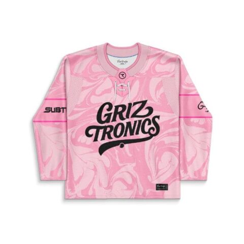 Pink liquid marble rave jersey with bold black lettering and lace-up collar, front view