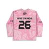 Pink liquid marble rave jersey featuring oversized black number 26, back view