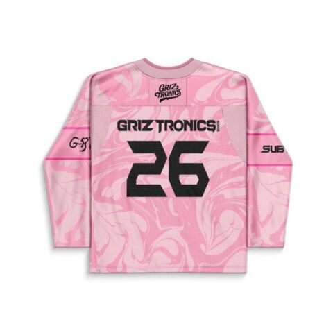 Pink liquid marble rave jersey featuring oversized black number 26, back view