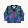 Purple liquid marble front view with cyan swirls, lace-up collar, and ornate festival crest