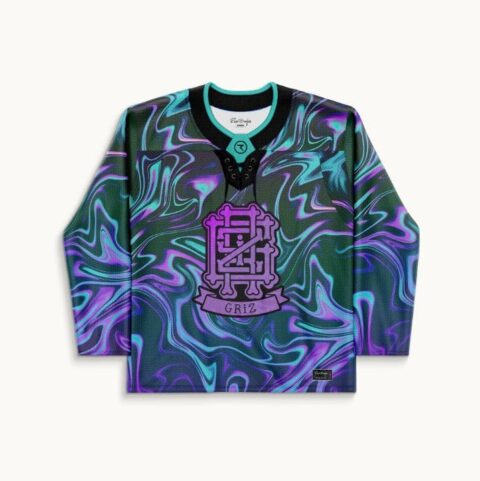 Purple liquid marble front view with cyan swirls, lace-up collar, and ornate festival crest